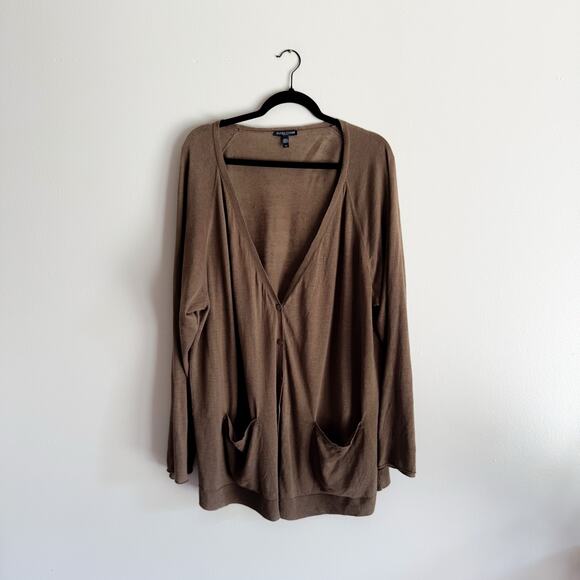 Eileen Fisher Brown Organic Linen + Cotton V Neck Pocket Front Cardigan - 3X - Picture 1 of 6